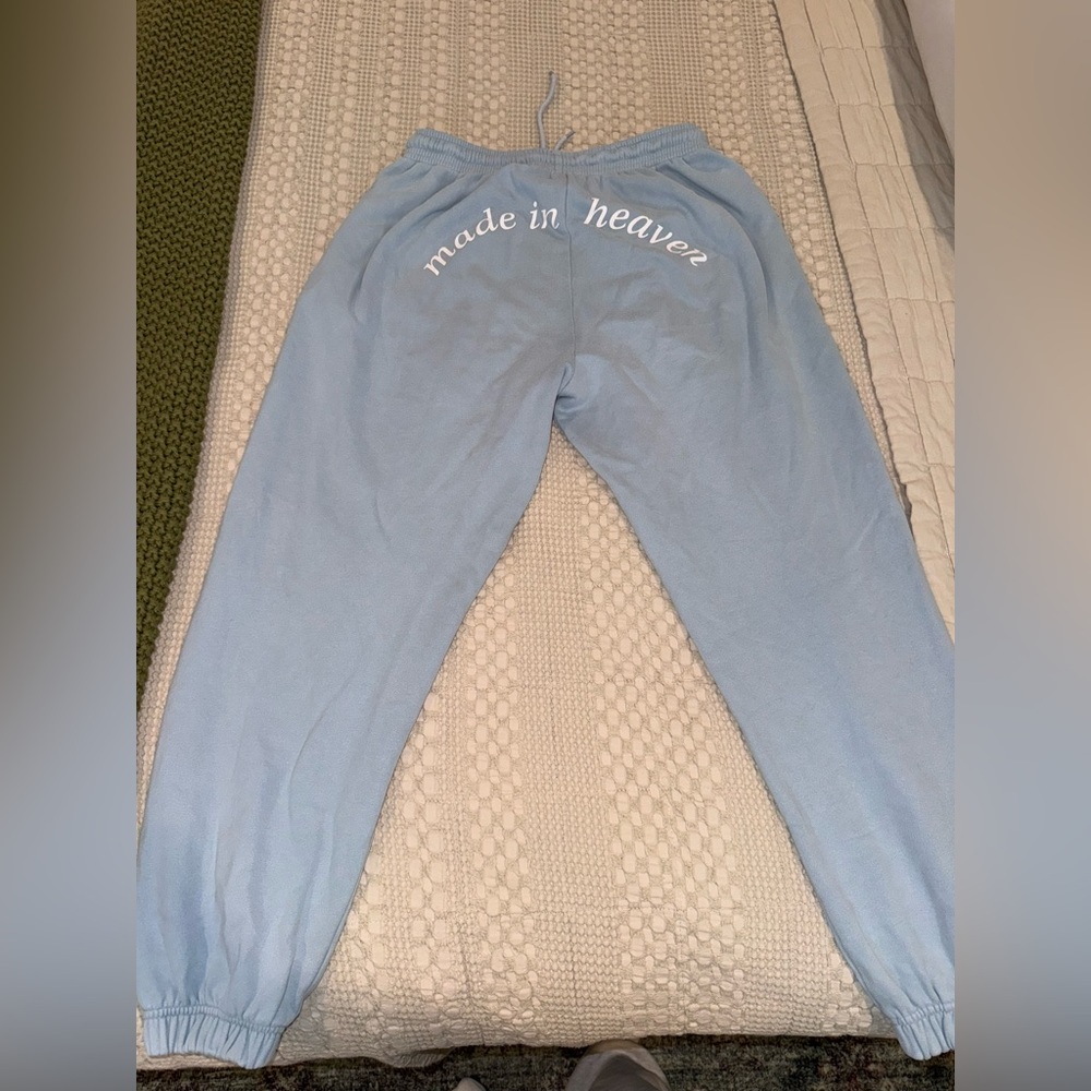 White Fox Light Blue Sweatpants with 'Made in Heaven' Print